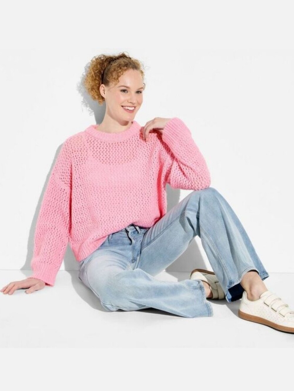 Wild Fable, Women's Openwork Crewneck Pullover Sweater, Pink, XXS
